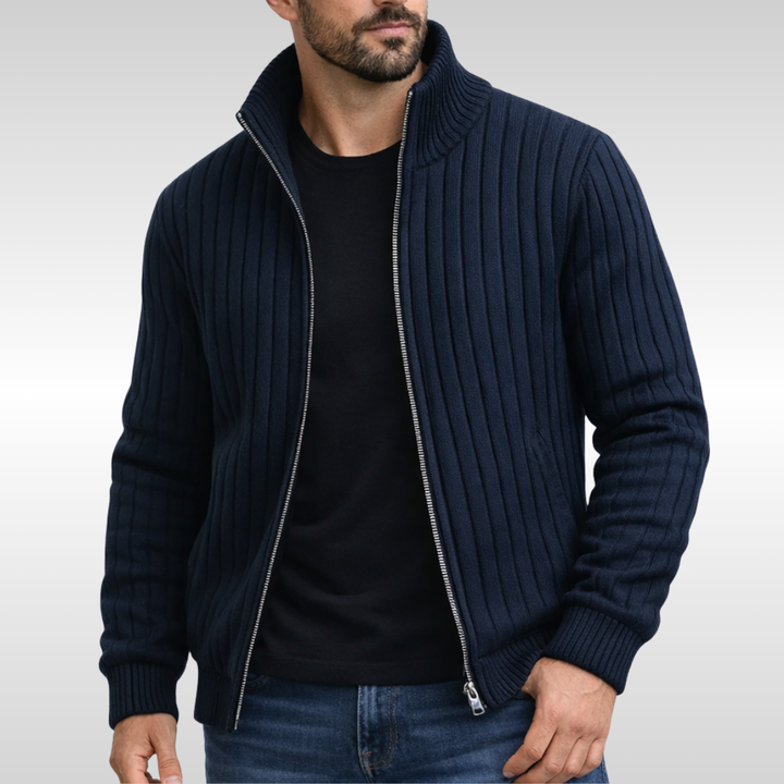 Marineblaue Herren-Strickjacke mit Stehkragen und silbernem Reißverschluss