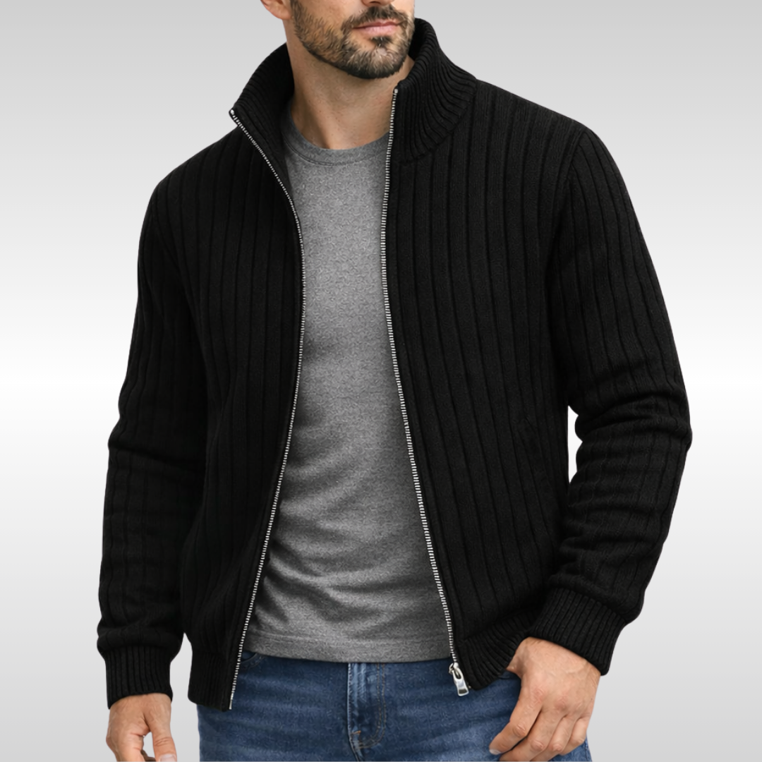 Schwarze Strickjacke mit Reißverschluss, Stehkragen und Rippstrick-Muster