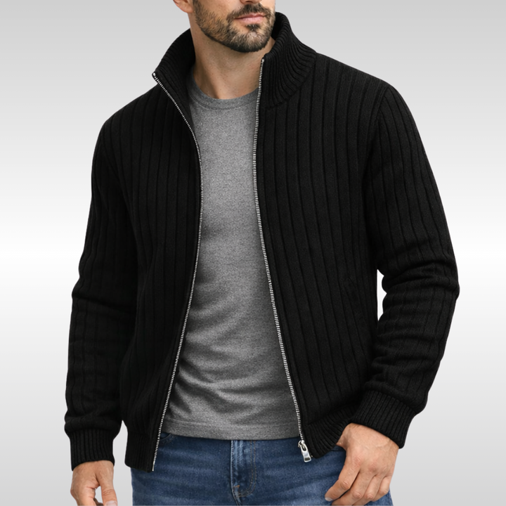 Schwarze Strickjacke mit Reißverschluss, Stehkragen und Rippstrick-Muster