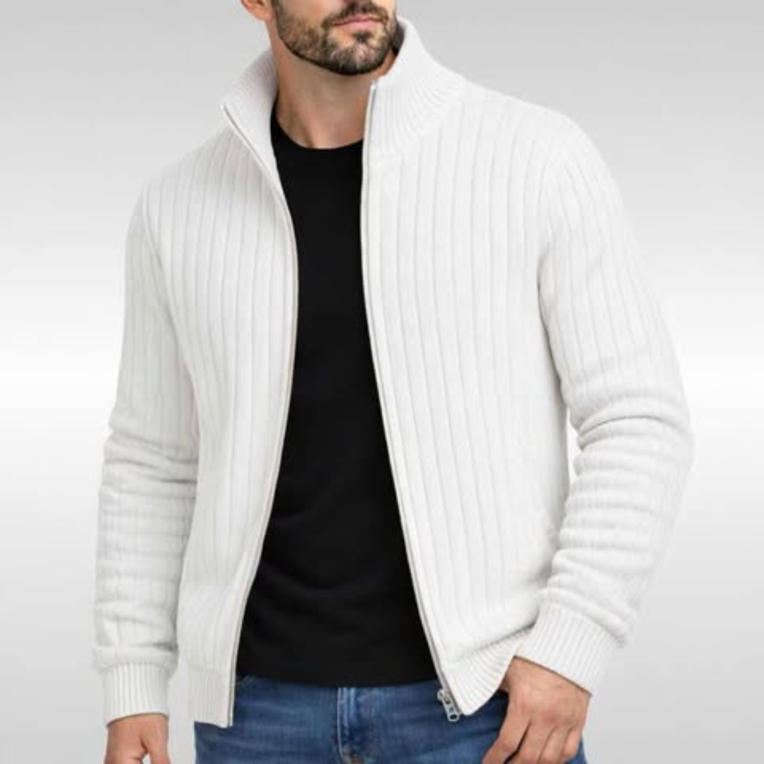 Weiße Herren-Strickjacke mit Stehkragen und Rippstrick-Optik