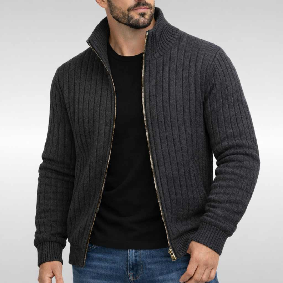 Anthrazitfarbene Strickjacke mit Reißverschluss und strukturiertem Rippstrick