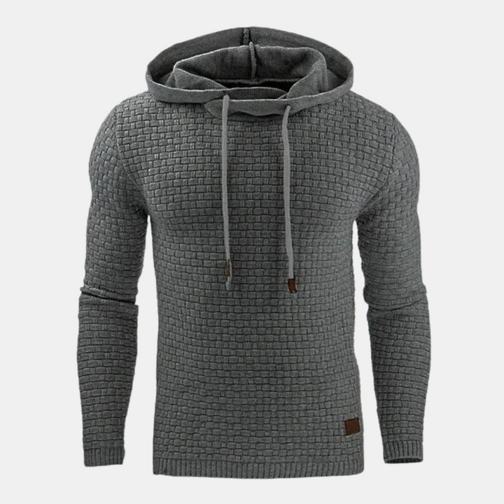 Grauer Herren-Strickpullover mit Kapuze, Strukturmuster und Kordelzug