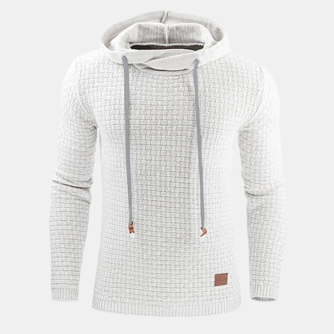 Weißer meliert Herren-Kapuzenpullover mit Strukturstrick und Ripbündchen