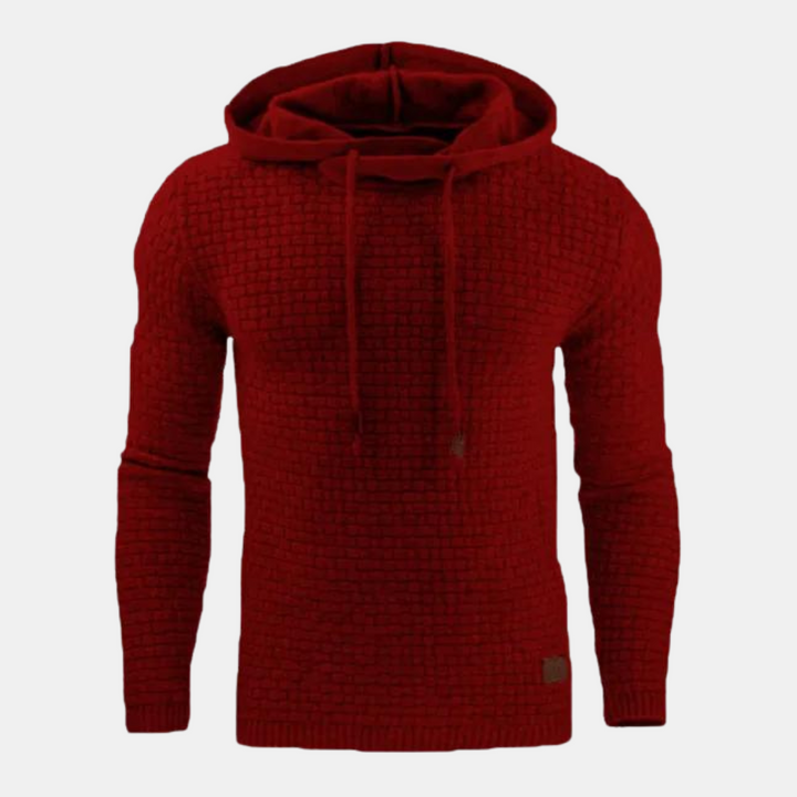 Roter Strick-Kapuzenpullover Herren mit Kordelzug und Flechtmuster