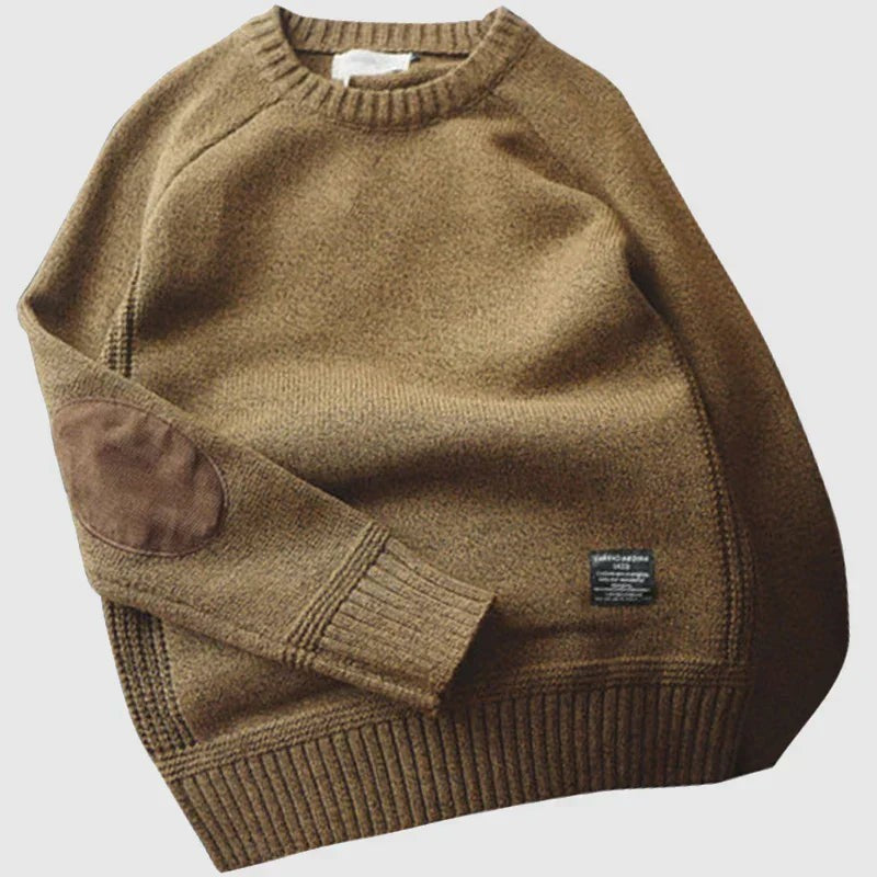 Khakifarbener Strickpullover mit lockerer Passform und Ellbogenpatches