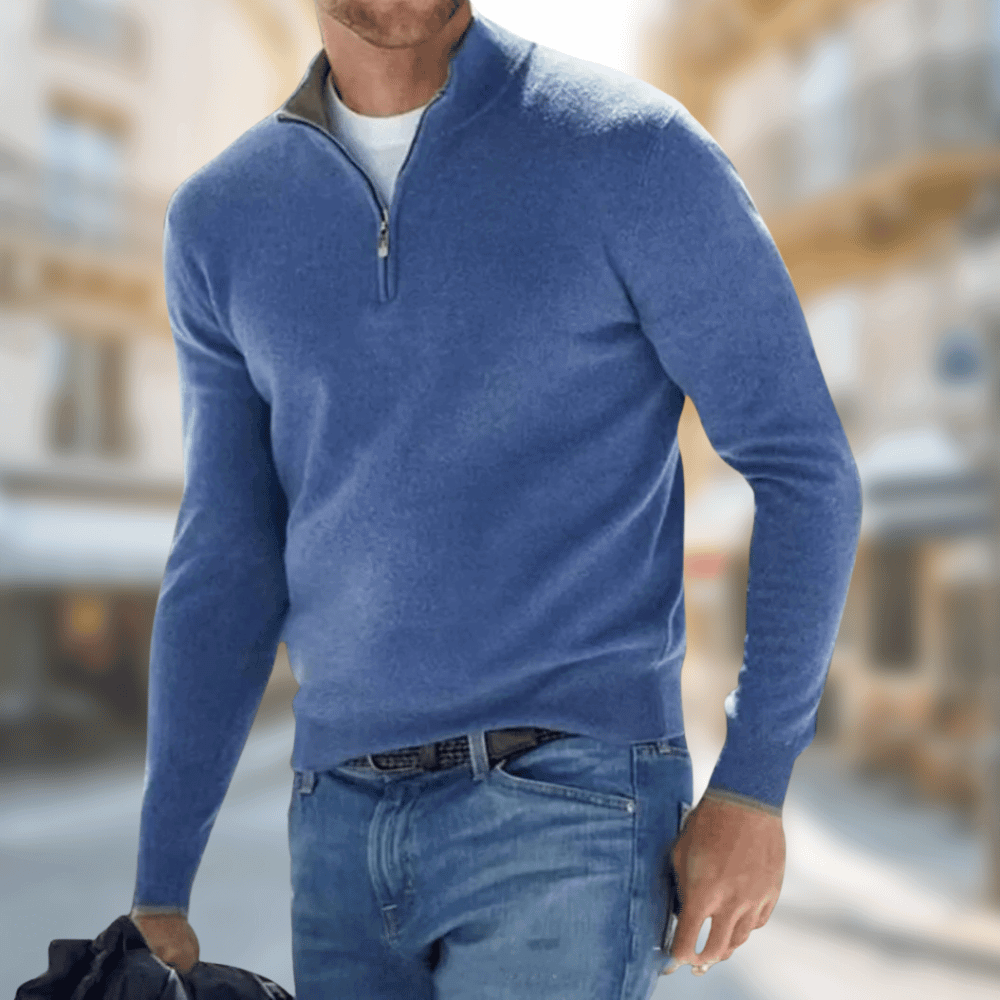 Herren Pullover blau meliert mit Reißverschlusskragen und Rippbündchen, klassische Passform