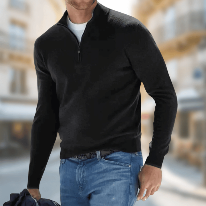Schwarzer Herren Troyer mit Reißverschlusskragen, schmale Rippbündchen, Strickpullover