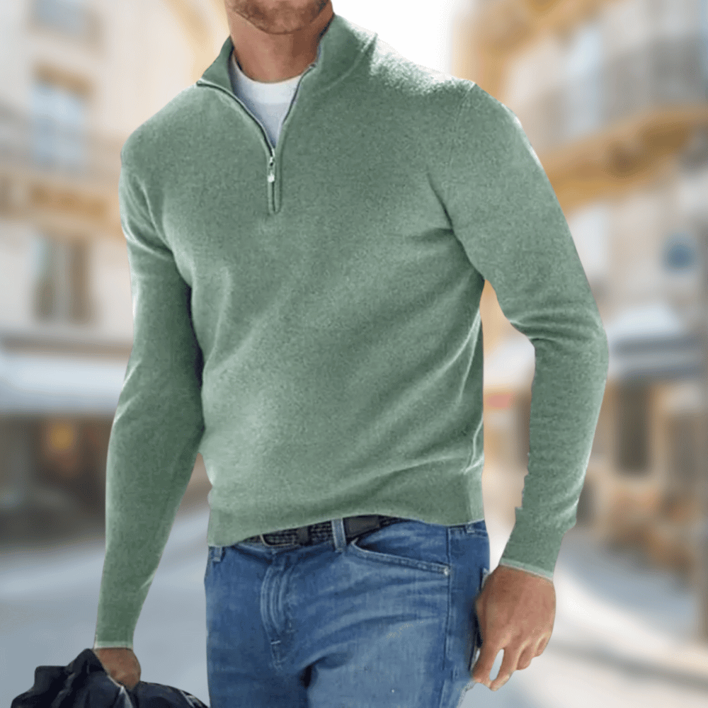 Salbeigrüner Strickpullover Herren mit Stehkragen und Reißverschluss, meliert