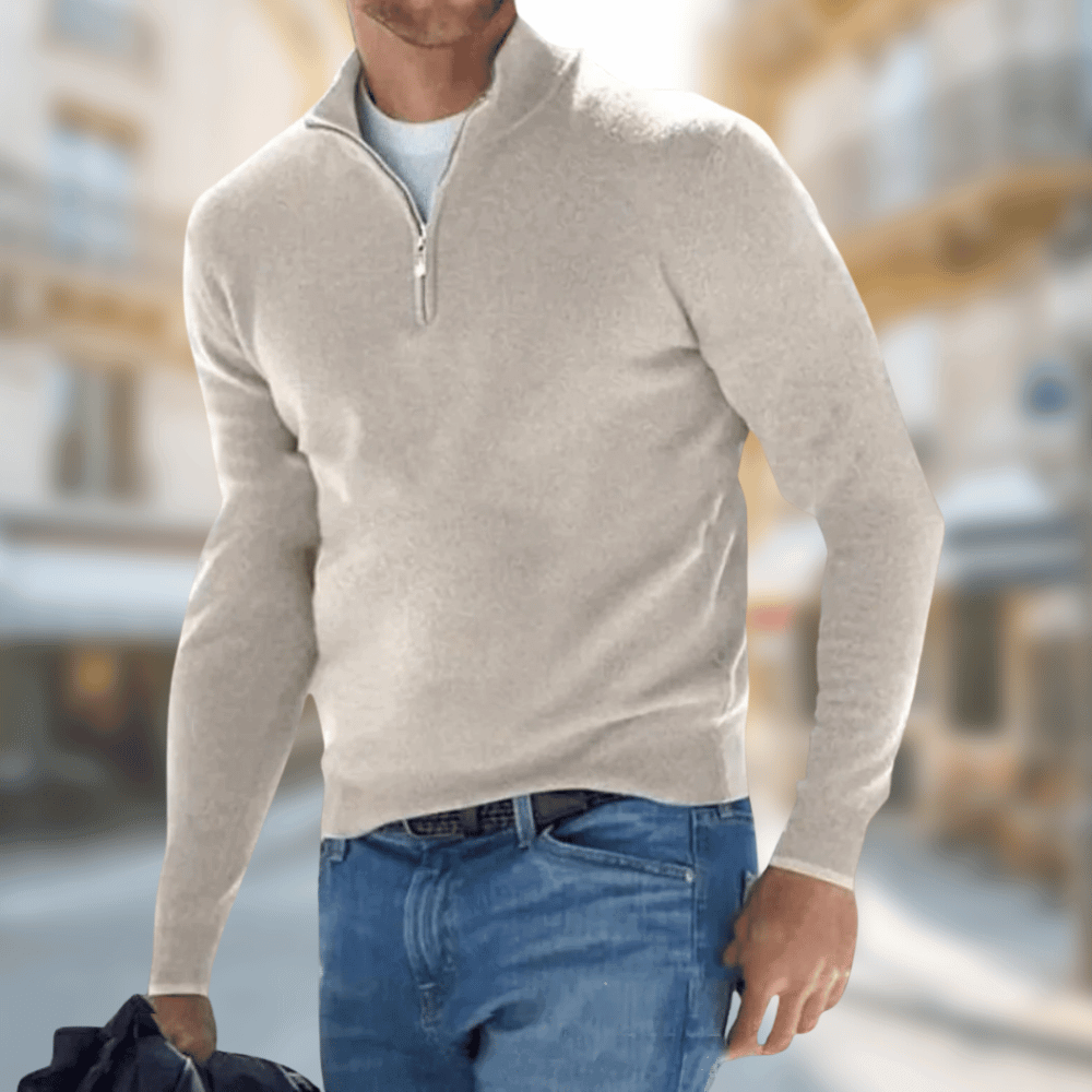 Beige-weißer Herren Pullover mit Reißverschlusskragen, gestrickt in klassischer Passform
