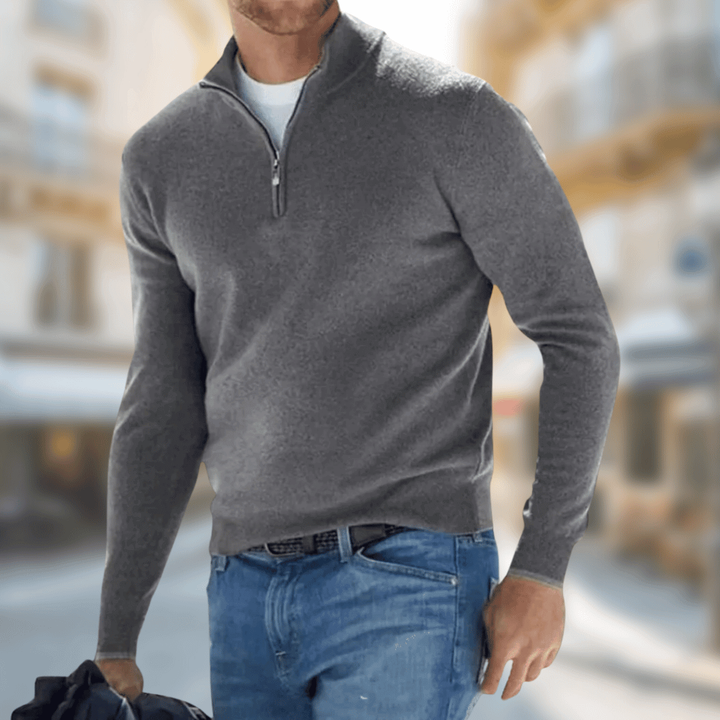 Grauer Herren Strickpullover mit Zipp-Kragen und geripptem Saum, meliertes Garn