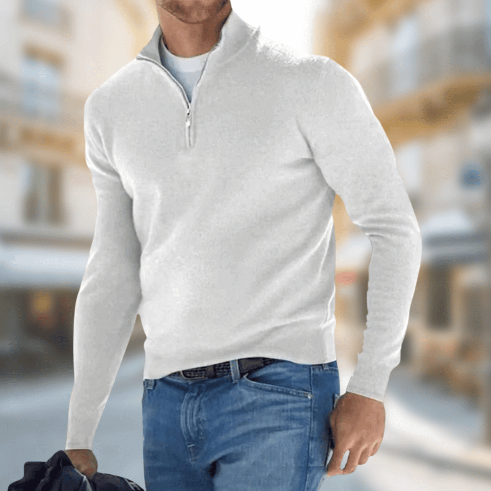 Hellgrauer Troyer Pullover Herren mit Reißverschluss am Kragen, feine Strickoptik