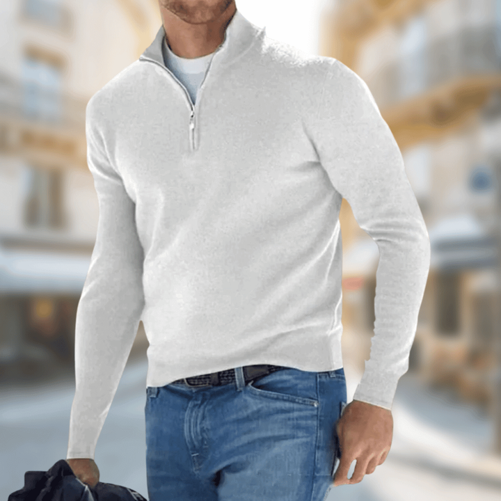 Hellgrauer Troyer Pullover Herren mit Reißverschluss am Kragen, feine Strickoptik