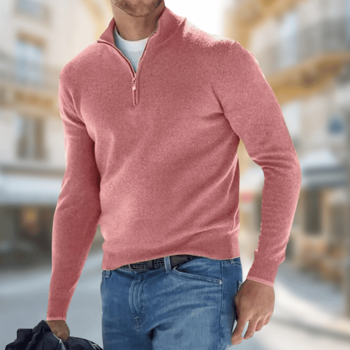Altrosa Herren Pullover mit Stehkragen und Reißverschluss, meliertes Strickgarn