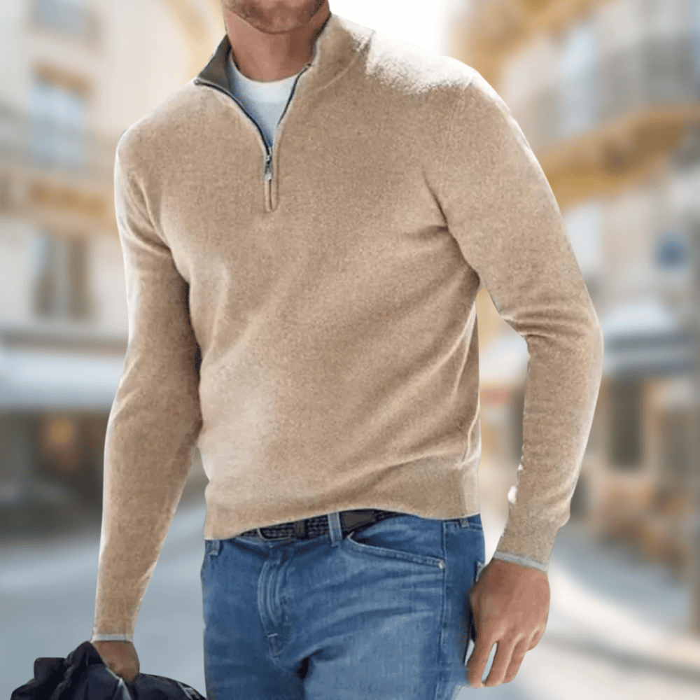 Beigefarbener Strickpullover Herren mit Reißverschlusskragen und Rippbündchen, klassisch geschnitten