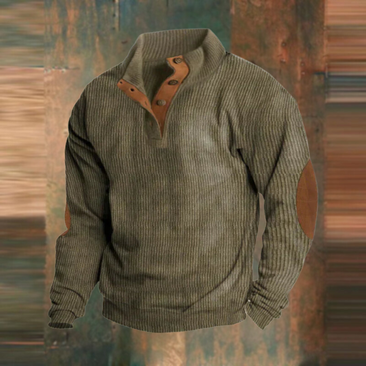 Herren Strickpullover in Olivgrün mit Stehkragen und Ellenbogenpatches aus veganem Leder