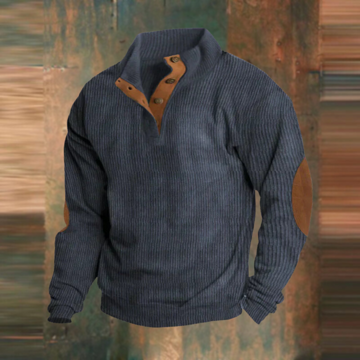 Gerippter Strickpullover in Dunkelblau mit Knopfleiste und Lederpatches an den Ellenbogen