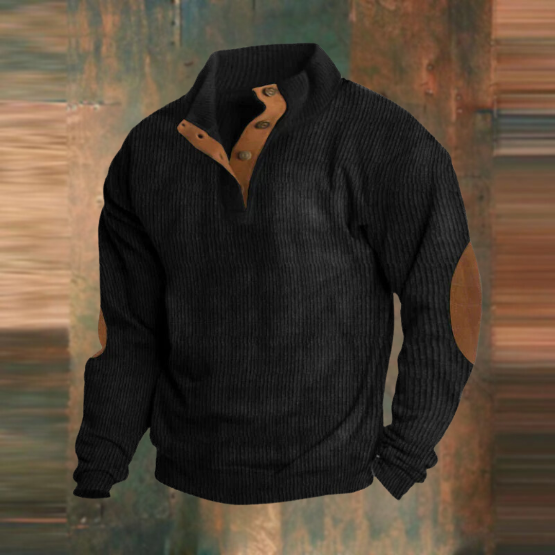 Gerippter Strickpullover in Schwarz mit Stehkragen und braunen Ellenbogenpatches