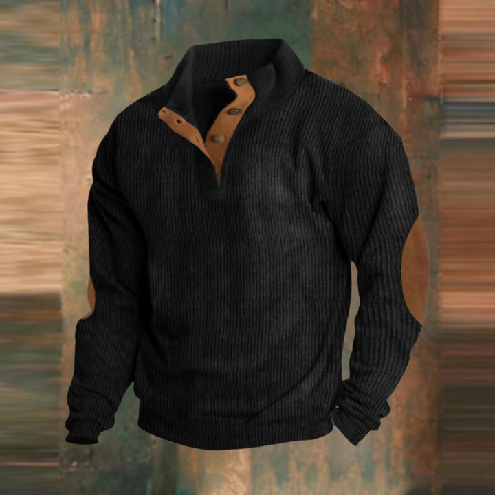 Gerippter Strickpullover in Schwarz mit Stehkragen und braunen Ellenbogenpatches