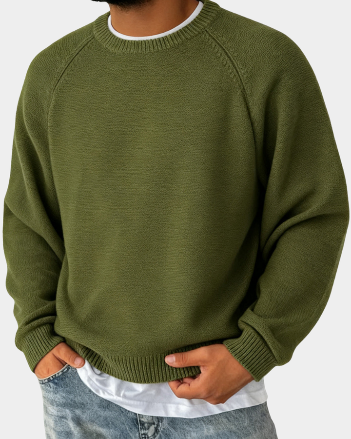Olivgrüner Strickpullover mit Rippbündchen und Rundhalsausschnitt für Herren