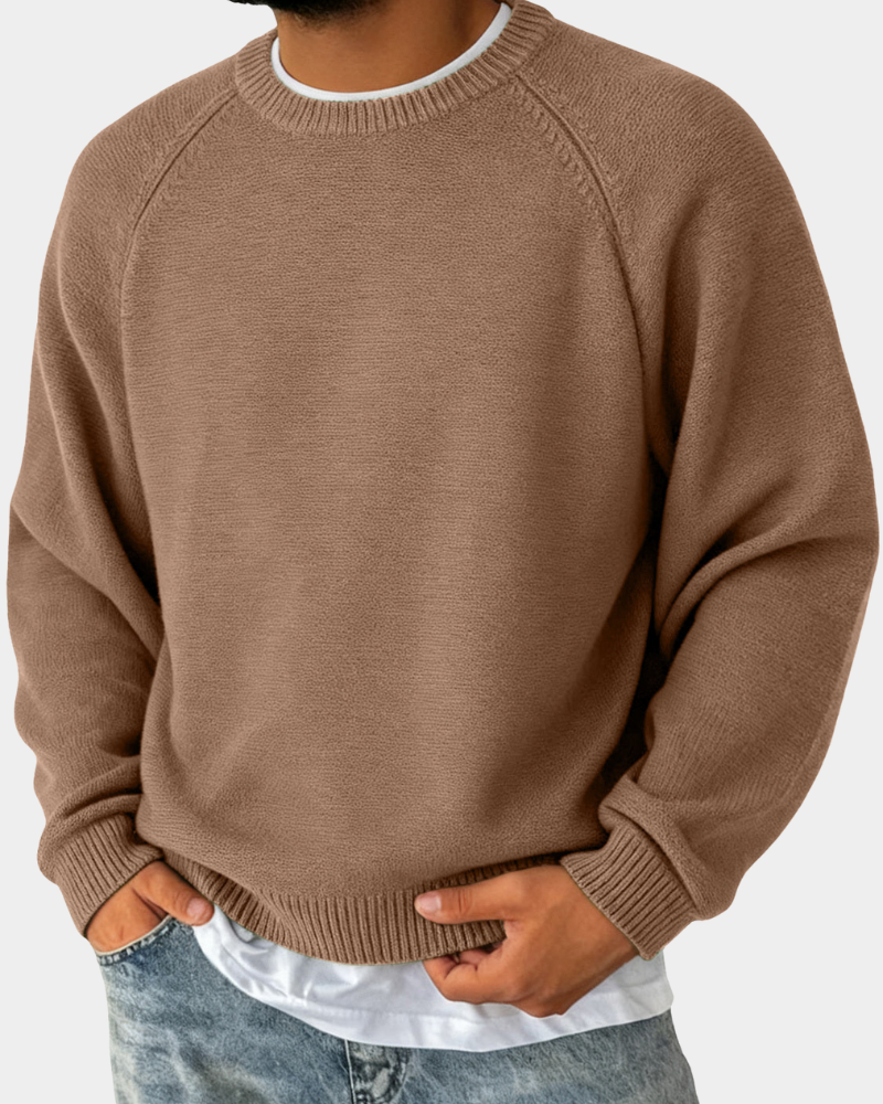 Beige-brauner Herrenpullover mit strukturierter Strickoptik und Rundhals