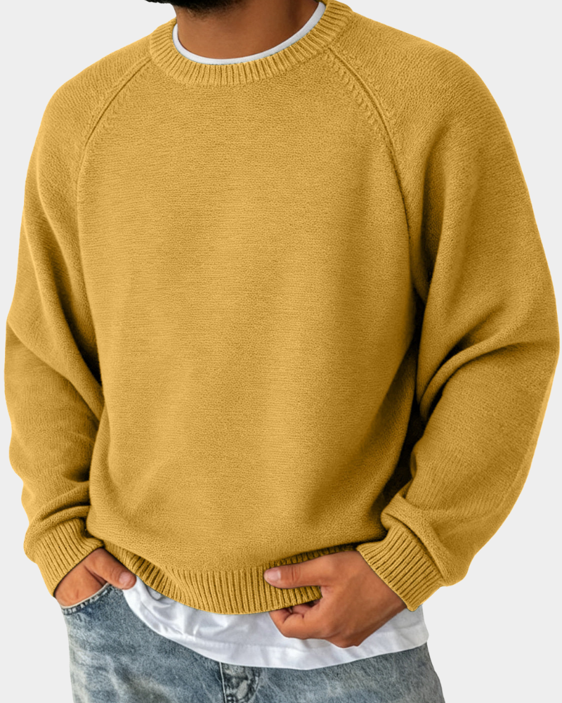 Senfgelber Strickpullover mit Rundhalsausschnitt für Herren, lockerer Schnitt