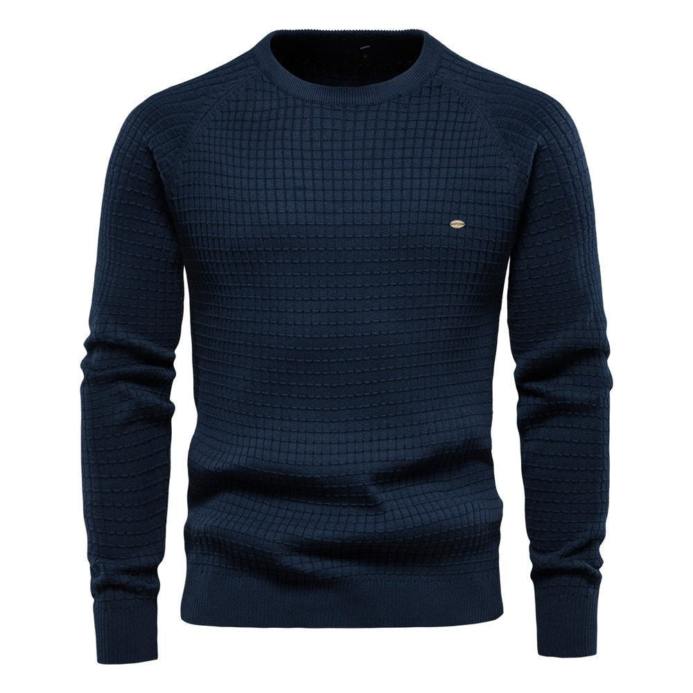 Herren Strickpullover dunkelblau mit strukturiertem Karomuster und Rundhalsausschnitt