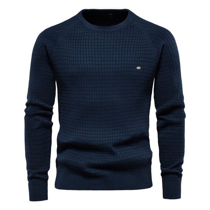 Herren Strickpullover dunkelblau mit strukturiertem Karomuster und Rundhalsausschnitt