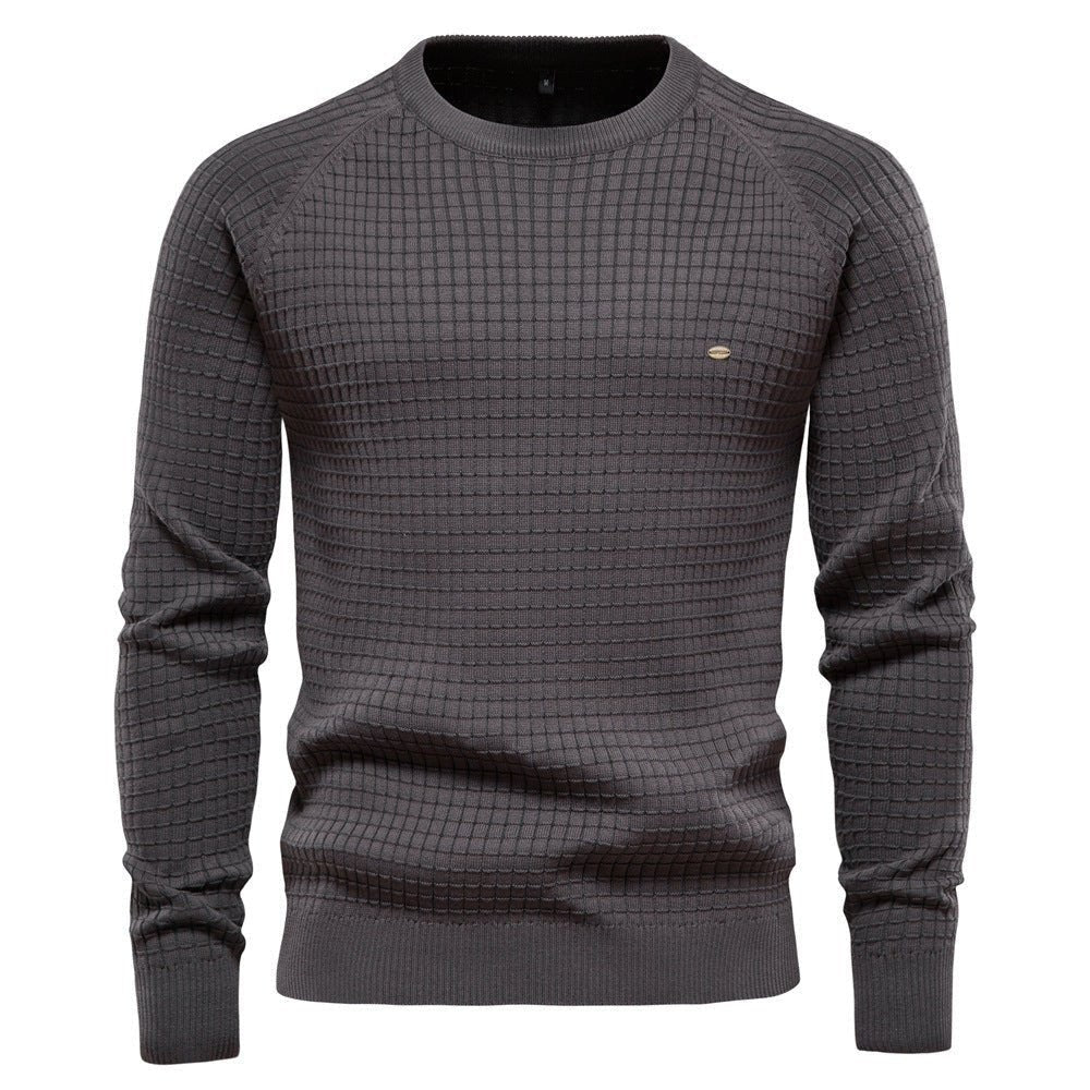 Grauer Strickpullover Herren mit texturiertem Waffelmuster und Rundhals