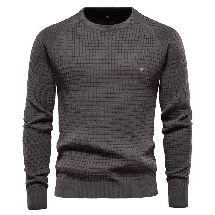 Grauer Strickpullover Herren mit texturiertem Waffelmuster und Rundhals