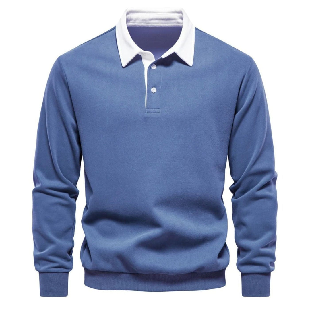 Herren Poloshirt Sweatshirt in Blau mit weißem Kontrastkragen und Knopfleiste