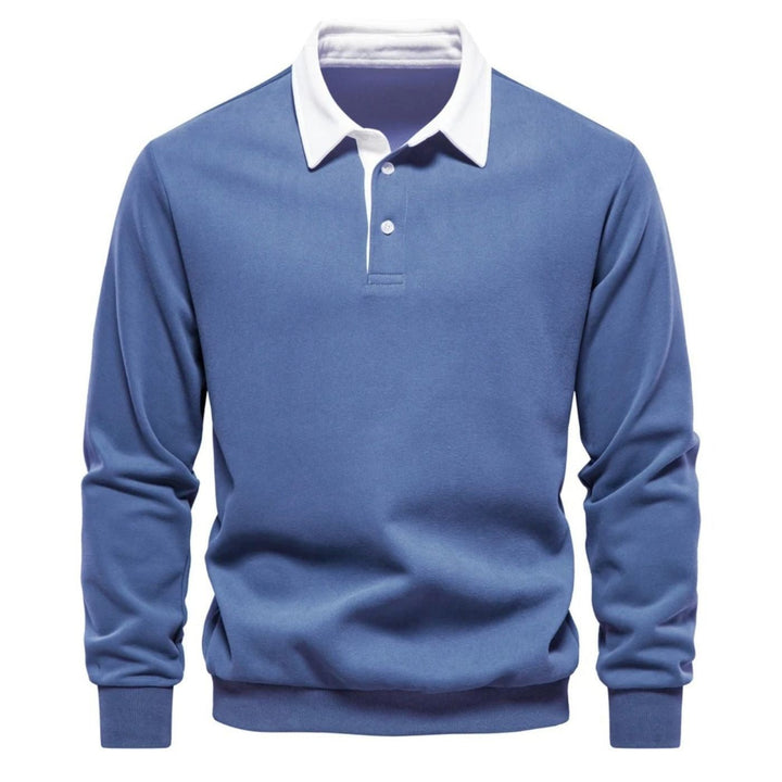 Herren Poloshirt Sweatshirt in Blau mit weißem Kontrastkragen und Knopfleiste
