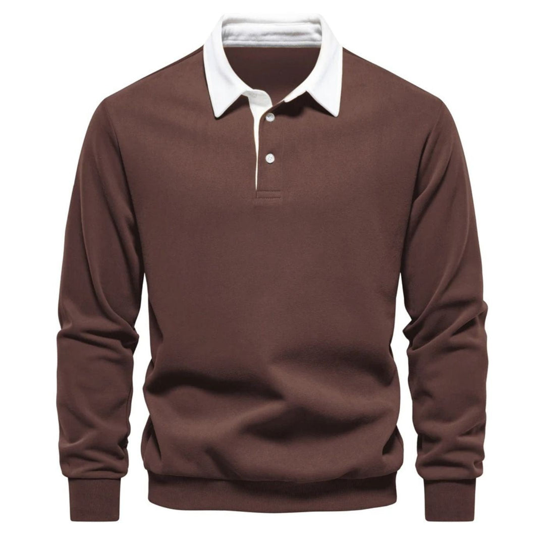 Braunes Herren Sweatshirt mit Polokragen und weißer Knopfleiste, langärmlig