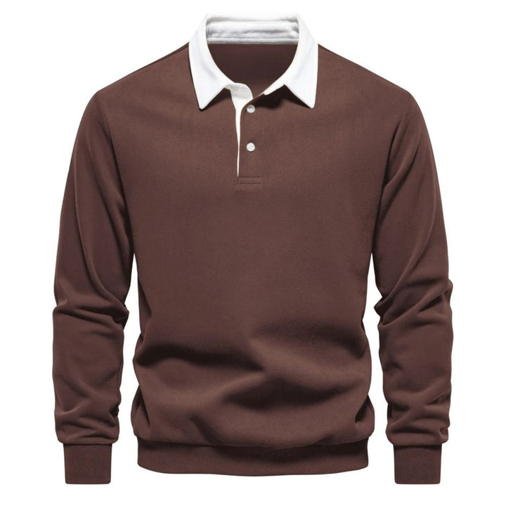 Braunes Herren Sweatshirt mit Polokragen und weißer Knopfleiste, langärmlig