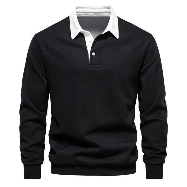Schwarzes Poloshirt Sweatshirt mit weißem Kontrastkragen und Rippbündchen