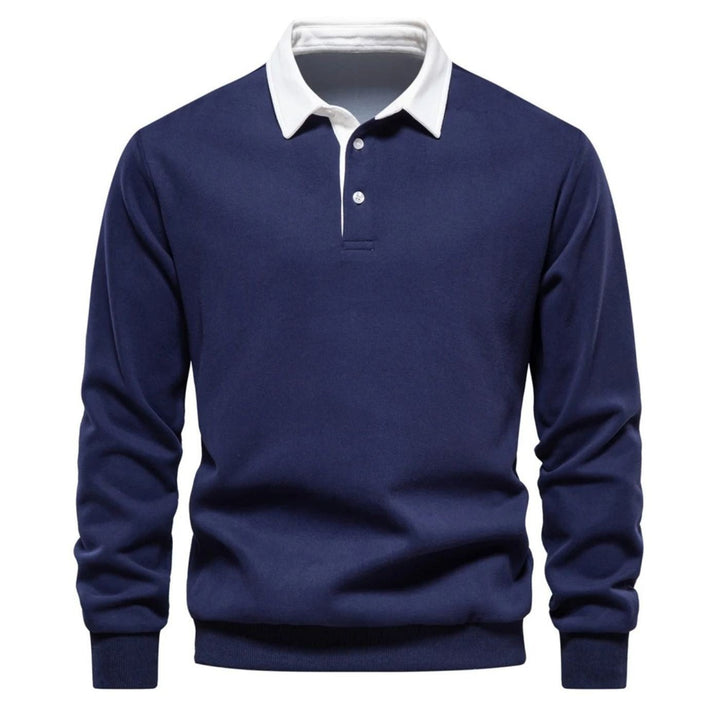Marineblaues Herren Sweatshirt mit weißem Polokragen und Knopfleiste