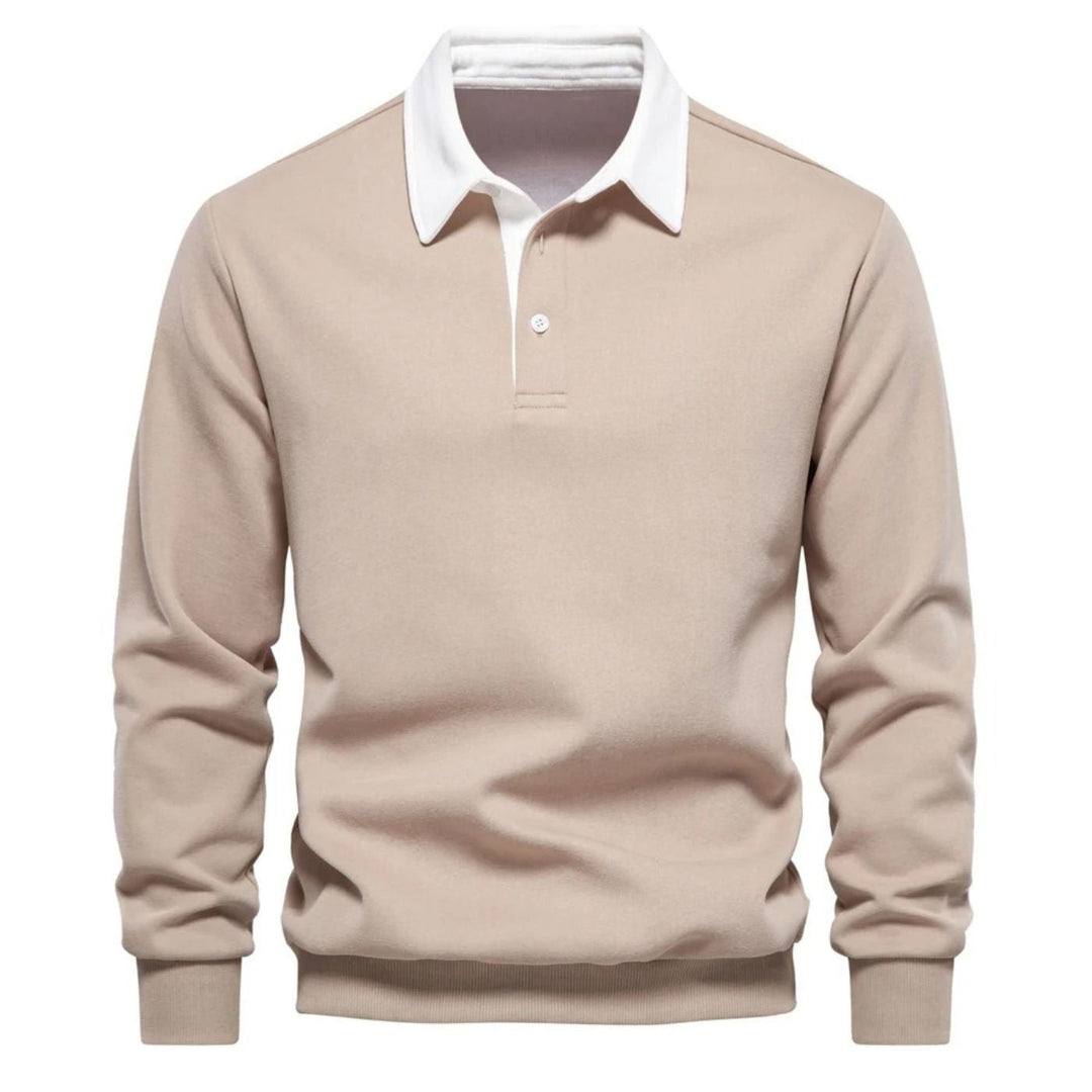 Beige Sweatshirt mit Polokragen in Weiß und Knopfleiste, langärmlig