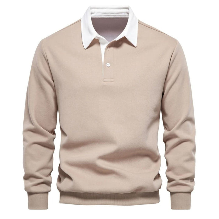 Beige Sweatshirt mit Polokragen in Weiß und Knopfleiste, langärmlig