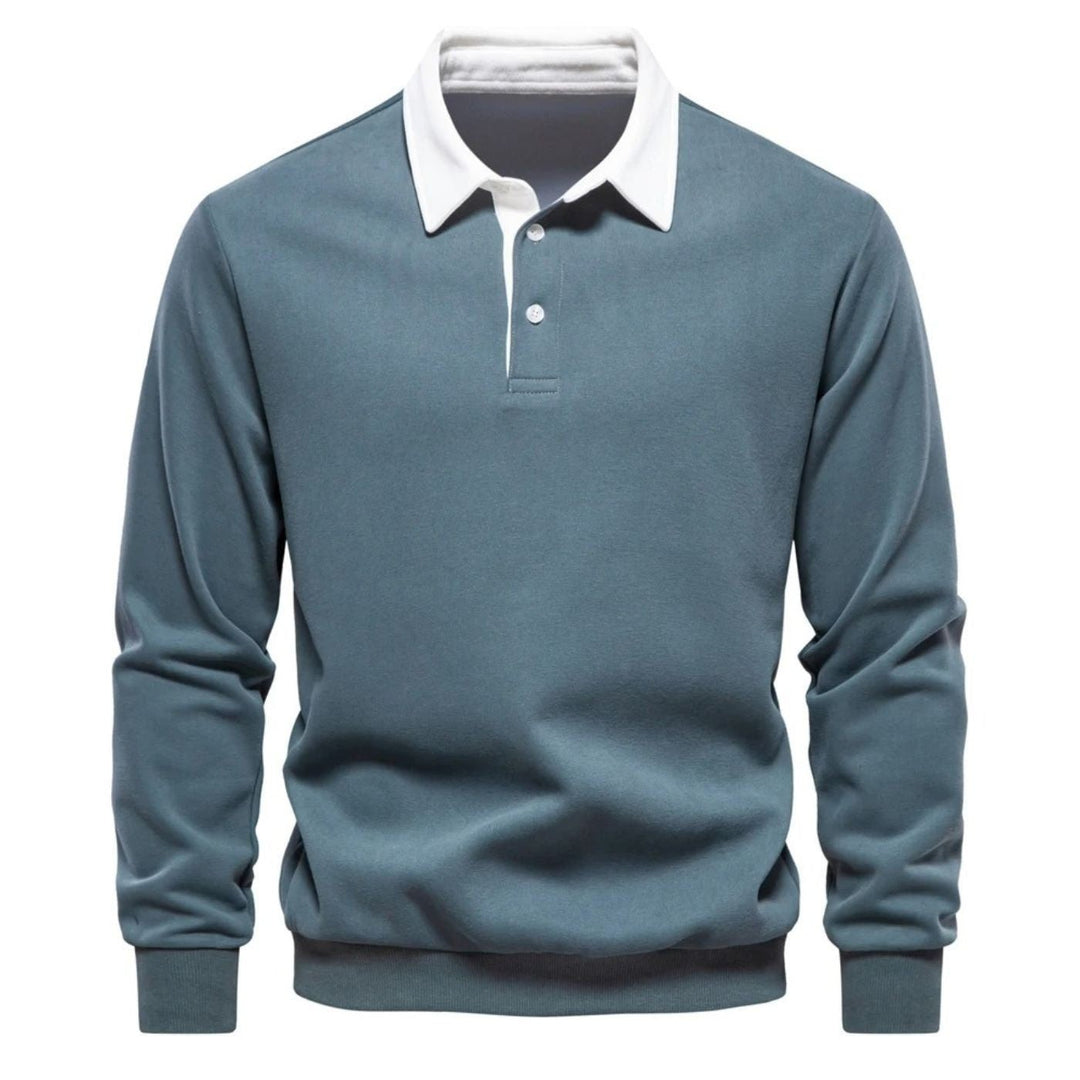 Graublaues Herren Poloshirt Sweatshirt mit weißem Kontrastkragen