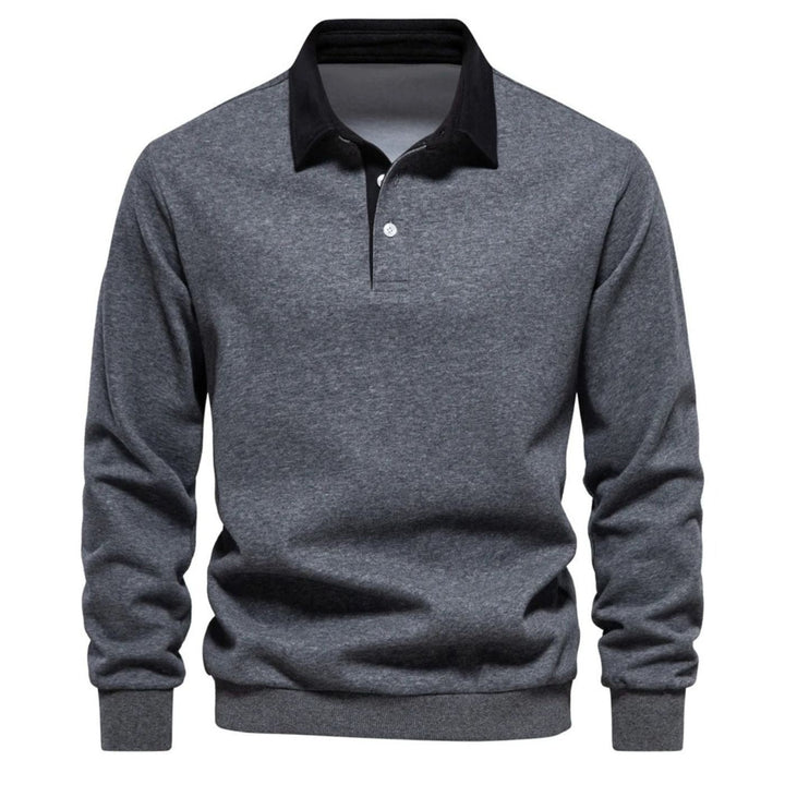 Graumeliertes Sweatshirt mit schwarzem Polokragen und Knopfleiste
