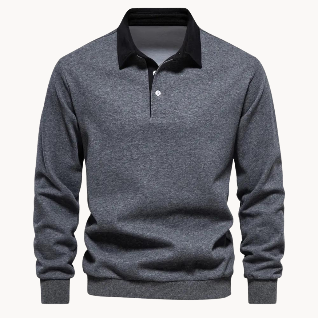Herren Sweatshirt mit Polokragen in Anthrazit, Kontrastkragen in Schwarz und Knopfleiste