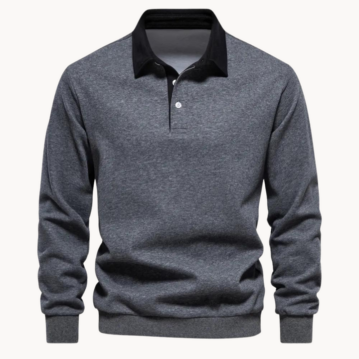 Herren Sweatshirt mit Polokragen in Anthrazit, Kontrastkragen in Schwarz und Knopfleiste