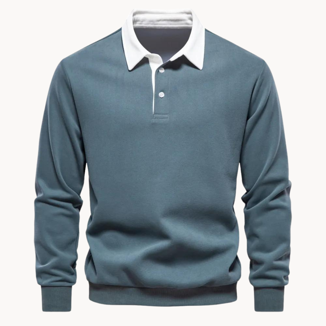 Langarm Sweatshirt mit Polokragen in Petrol, weißer Kontrastkragen und Rippbündchen