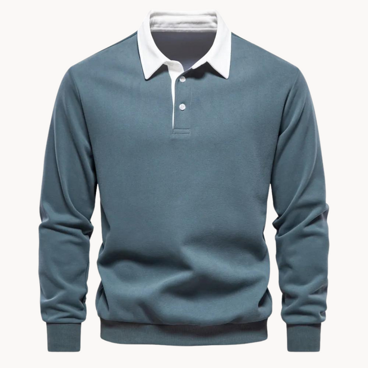 Langarm Sweatshirt mit Polokragen in Petrol, weißer Kontrastkragen und Rippbündchen