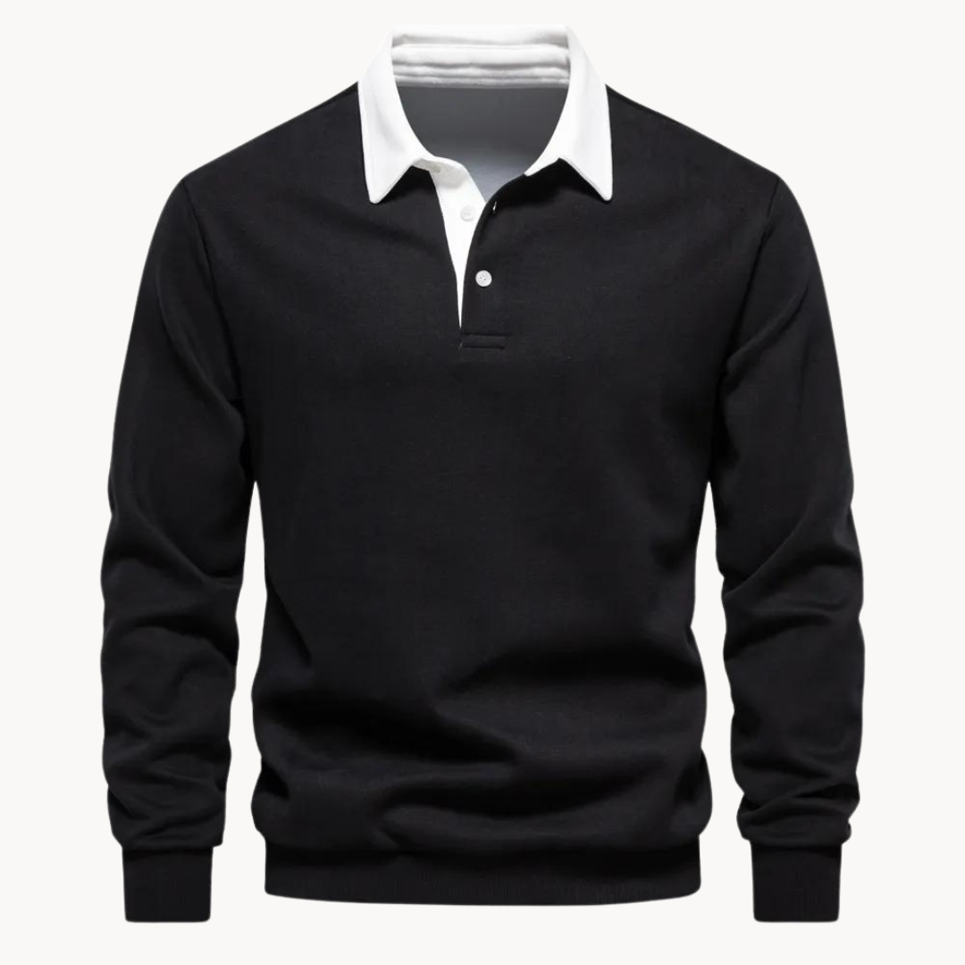 Schwarzes Herren Sweatshirt mit Polokragen, weißem Kontrastkragen und Knopfleiste