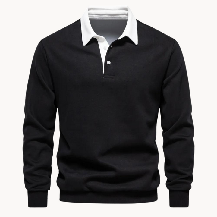 Schwarzes Herren Sweatshirt mit Polokragen, weißem Kontrastkragen und Knopfleiste