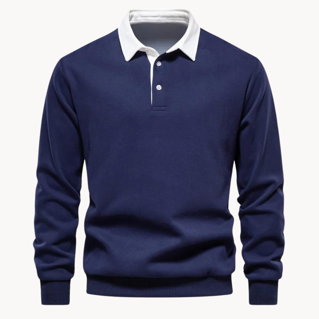 Dunkelblaues Sweatshirt mit Polokragen, weißer Kontrastkragen und gerippten Bündchen