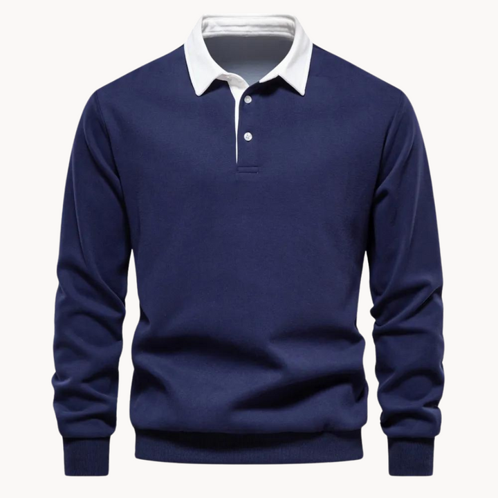 Dunkelblaues Sweatshirt mit Polokragen, weißer Kontrastkragen und gerippten Bündchen