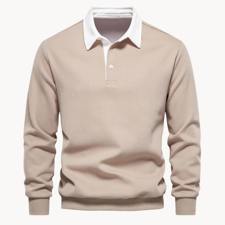 Beiges Herren Sweatshirt mit Polokragen, weißem Kontrastkragen und Langarm-Schnitt