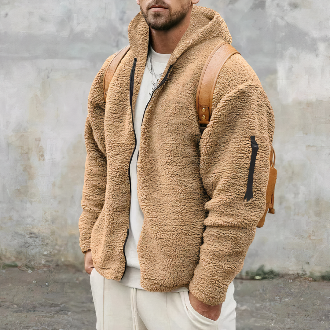 Beige Teddyfleece-Jacke mit Kapuze und Ärmeltasche, Herren-Winterjacke mit Reißverschluss