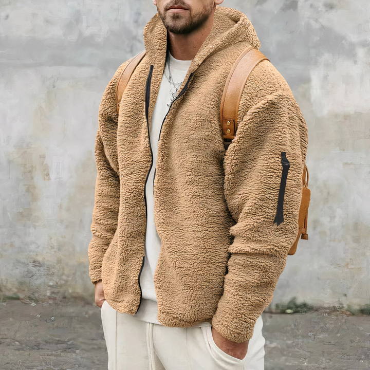 Beige Teddyfleece-Jacke mit Kapuze und Ärmeltasche, Herren-Winterjacke mit Reißverschluss